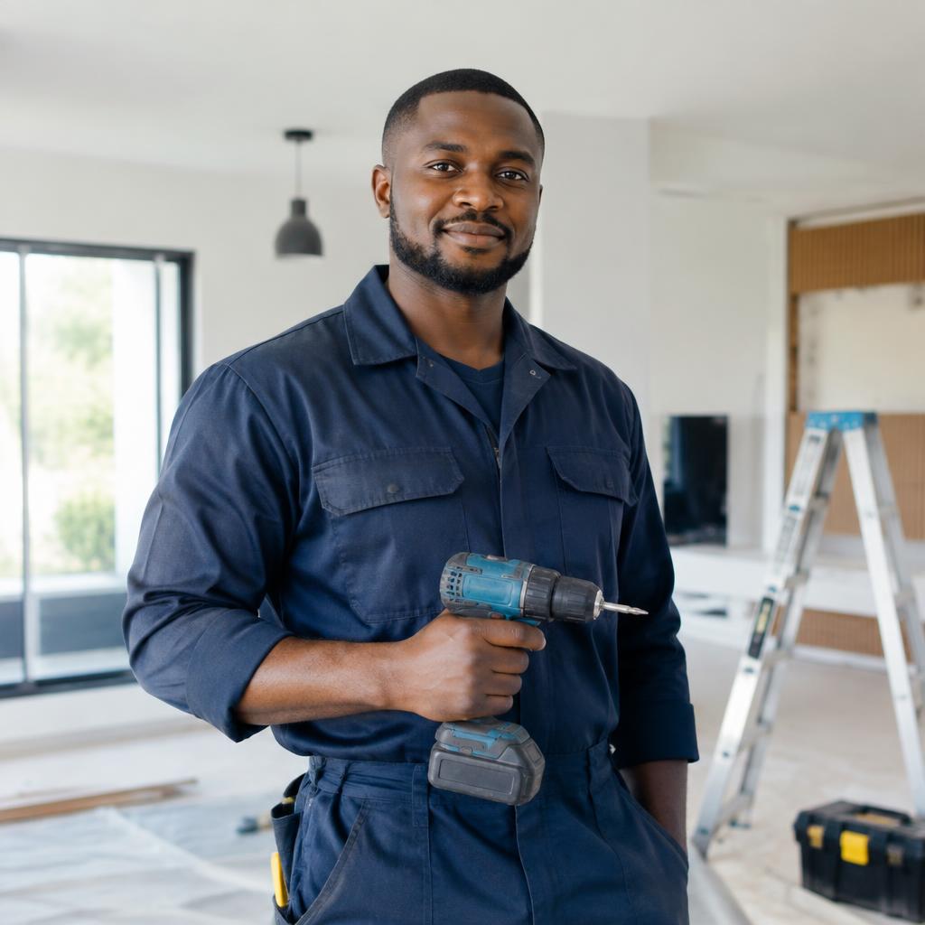 Nigerian electrician in a plain dark work uniform holding a power drill inside a modern home under renovation